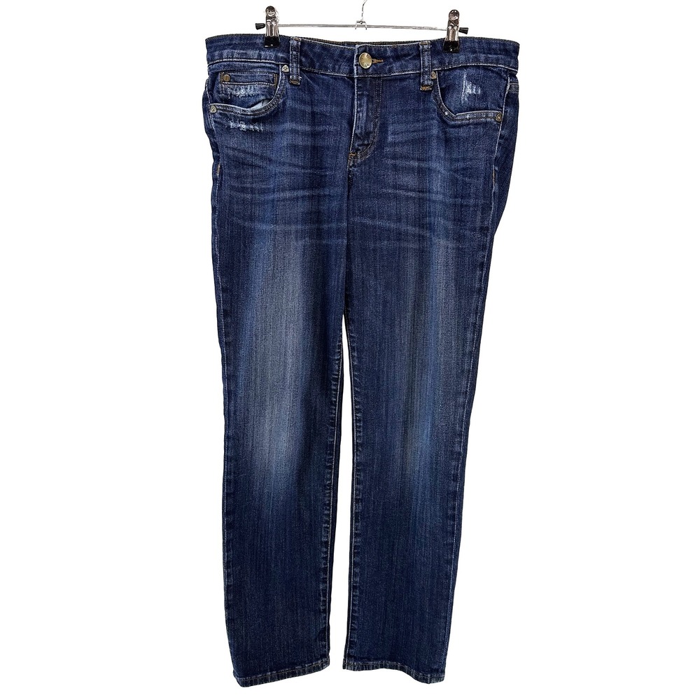 KUT FROM THE CLOTH Straight Leg Mid-Rise Jeans • 12 • dark blue denim distressed